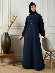 Blue Solid Abaya Dress Paired with Black Georgette Hijab