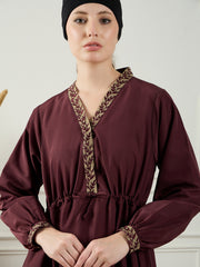 Embroidery Detailing Maroon V-Neck Abaya Burqa With Black Georgette Hijab