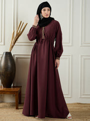 Embroidery Detailing Maroon V-Neck Abaya Burqa With Black Georgette Hijab