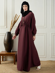 Embroidery Detailing Maroon V-Neck Abaya Burqa With Black Georgette Hijab