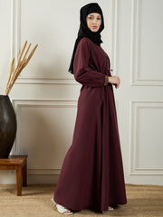 Embroidery Detailing Maroon V-Neck Abaya Burqa With Black Georgette Hijab