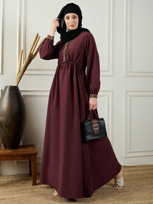 Embroidery Detailing Maroon V-Neck Abaya Burqa With Black Georgette Hijab