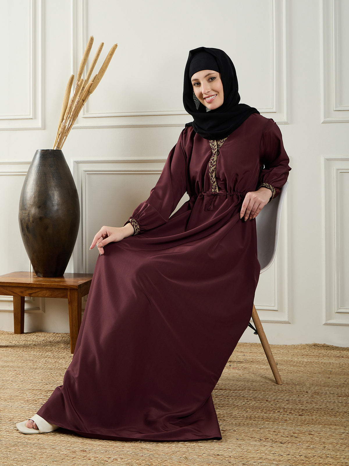 Embroidery Detailing Maroon V-Neck Abaya Burqa With Black Georgette Hijab