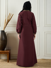 Embroidery Detailing Maroon V-Neck Abaya Burqa With Black Georgette Hijab