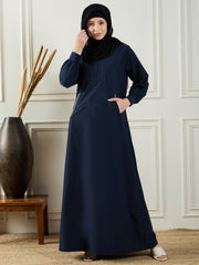 Blue Solid A-line Abaya Burqa With Black Georgette Hijab