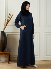 Blue Solid A-line Abaya Burqa With Black Georgette Hijab