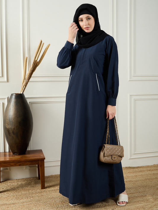 Blue Solid A-line Abaya Burqa With Black Georgette Hijab