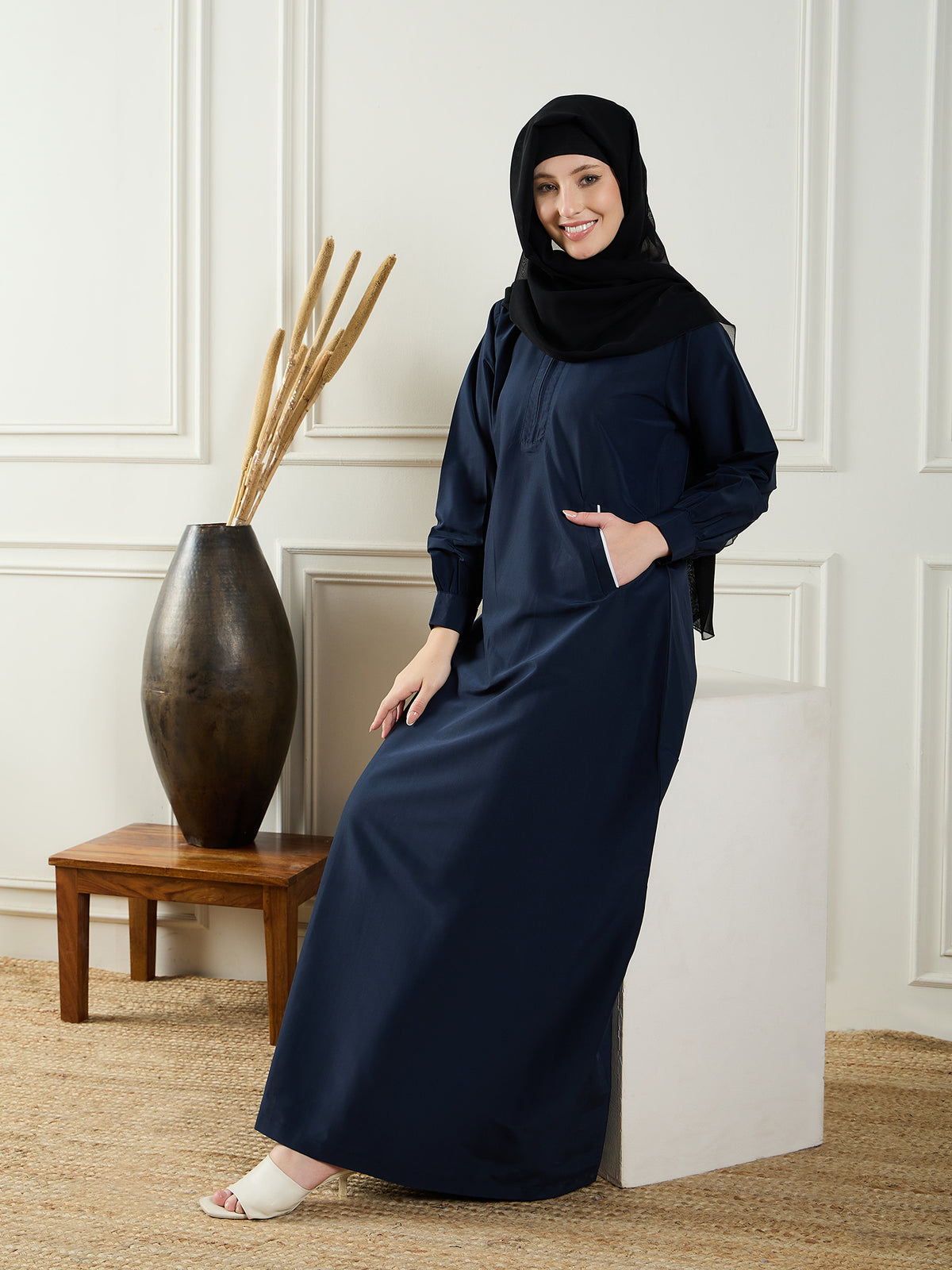 Blue Solid A-line Abaya Burqa With Black Georgette Hijab