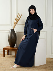 Blue Solid A-line Abaya Burqa With Black Georgette Hijab