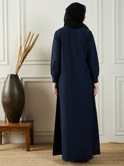 Blue Solid A-line Abaya Burqa With Black Georgette Hijab