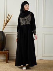 Elegant Black Abaya Burqa with Intricate Embroidery and Matching Black Georgette Hijab