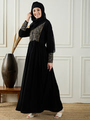 Elegant Black Abaya Burqa with Intricate Embroidery and Matching Black Georgette Hijab