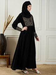 Elegant Black Abaya Burqa with Intricate Embroidery and Matching Black Georgette Hijab