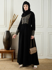 Elegant Black Abaya Burqa with Intricate Embroidery and Matching Black Georgette Hijab