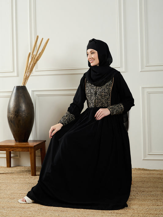 Elegant Black Abaya Burqa with Intricate Embroidery and Matching Black Georgette Hijab