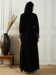 Elegant Black Abaya Burqa with Intricate Embroidery and Matching Black Georgette Hijab