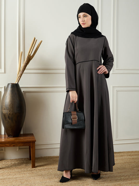 Gray Solid Kashibo Abaya Burqa For Women Paired With Black Georgette Hijab