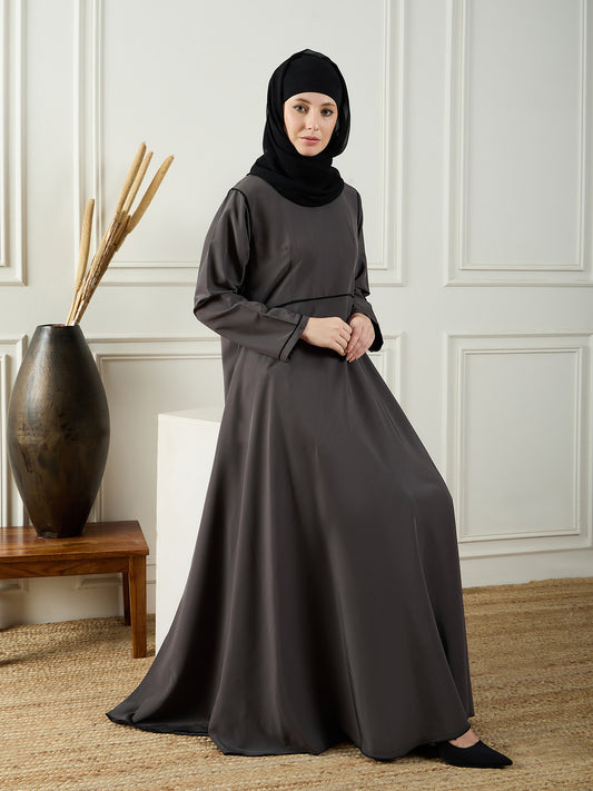 Gray Solid Kashibo Abaya Burqa For Women Paired With Black Georgette Hijab