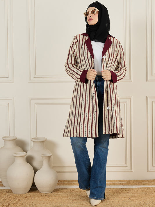 Front Open Cotton Knitted Maroon Jacket