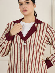 Front Open Cotton Knitted Maroon Jacket