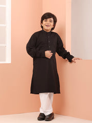 Black Solid Kids Boy's Kurta With White Pajama Set