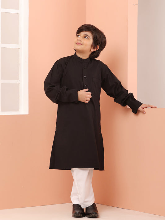 Black Solid Kids Boy's Kurta With White Pajama Set