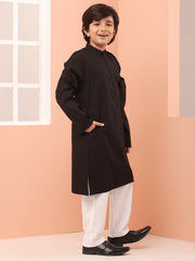 Black Solid Kids Boy's Kurta With White Pajama Set