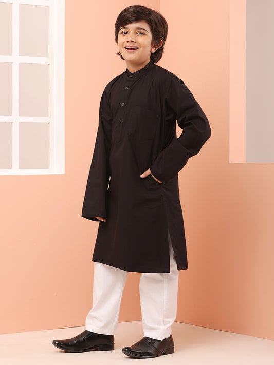 Black Solid Kids Boy's Kurta With White Pajama Set