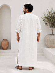 Men's White Linen Long Sleeve Kaftan | V neck Gown | Moroccan Robe