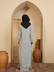 Grey Modest Jersey Abaya with attached Black Hood