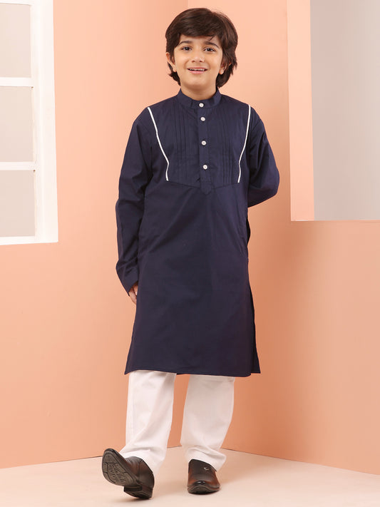 Blue Solid Kids Boy's Kurta With White Pajama Set