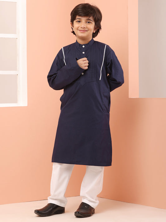 Blue Solid Kids Boy's Kurta With White Pajama Set