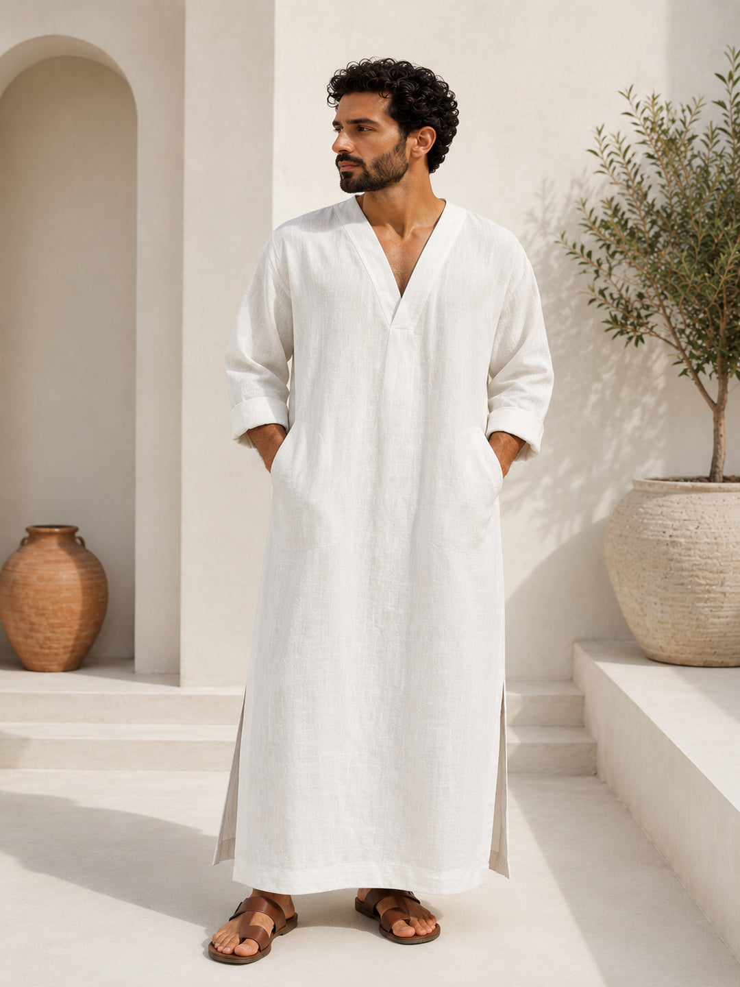 Men's White Linen Long Sleeve Kaftan | V neck Gown | Moroccan Robe