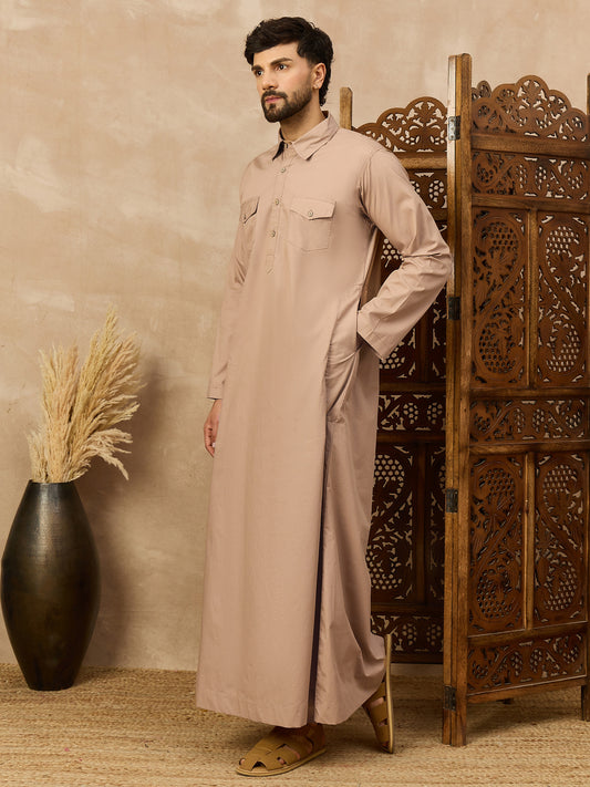 Men’s Brown Arabic Thobe with Shirt Collar