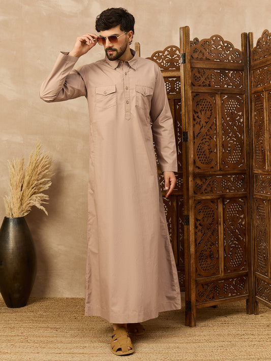 Men’s Brown Arabic Thobe with Shirt Collar