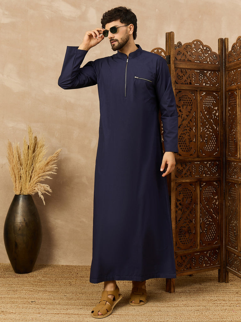 Men's Navy Blue Arabic Thobe with Zipper Placket – Thenabia