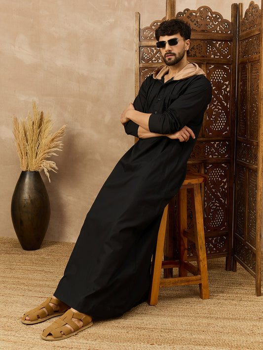 Men’s Black Thobe with Contrast Hood and Button Placket
