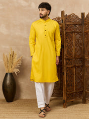 Cotton Yellow Kurta and White Pajama Set for Men