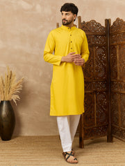 Cotton Yellow Kurta and White Pajama Set for Men
