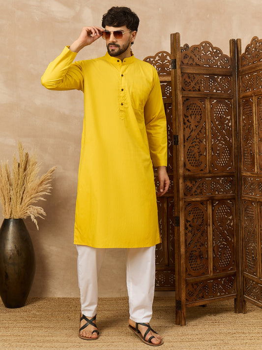 Cotton Yellow Kurta and White Pajama Set for Men