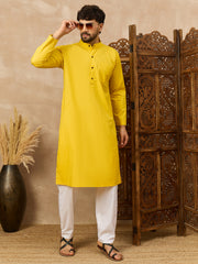 Cotton Yellow Kurta and White Pajama Set for Men
