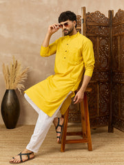 Cotton Yellow Kurta and White Pajama Set for Men