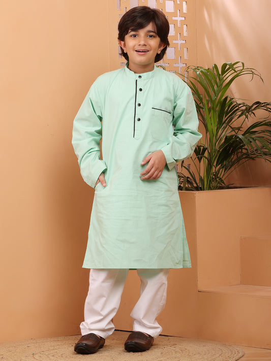 Sea Green Solid Kids Boy's Kurta Pajama Set