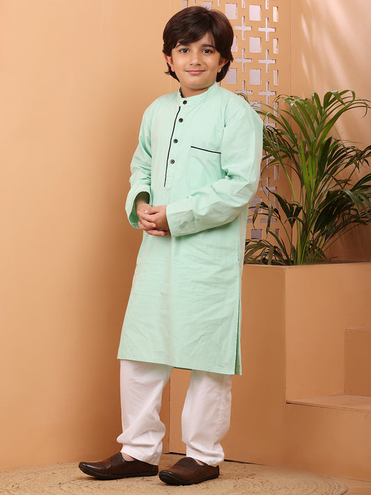 Sea Green Solid Kids Boy's Kurta Pajama Set