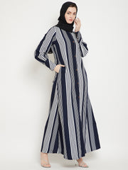 Blue Front Open Stripe Abaya Burqa for Women with Black Georgette Hijab