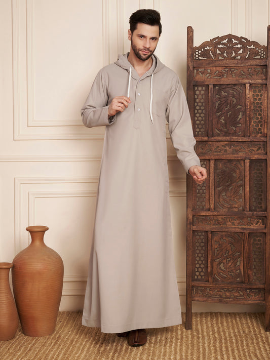 Light Grey Arabic Hooded Thobe for Men