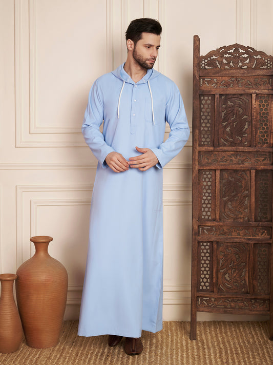 Light Sky Blue Arabic Hooded Thobe for Men