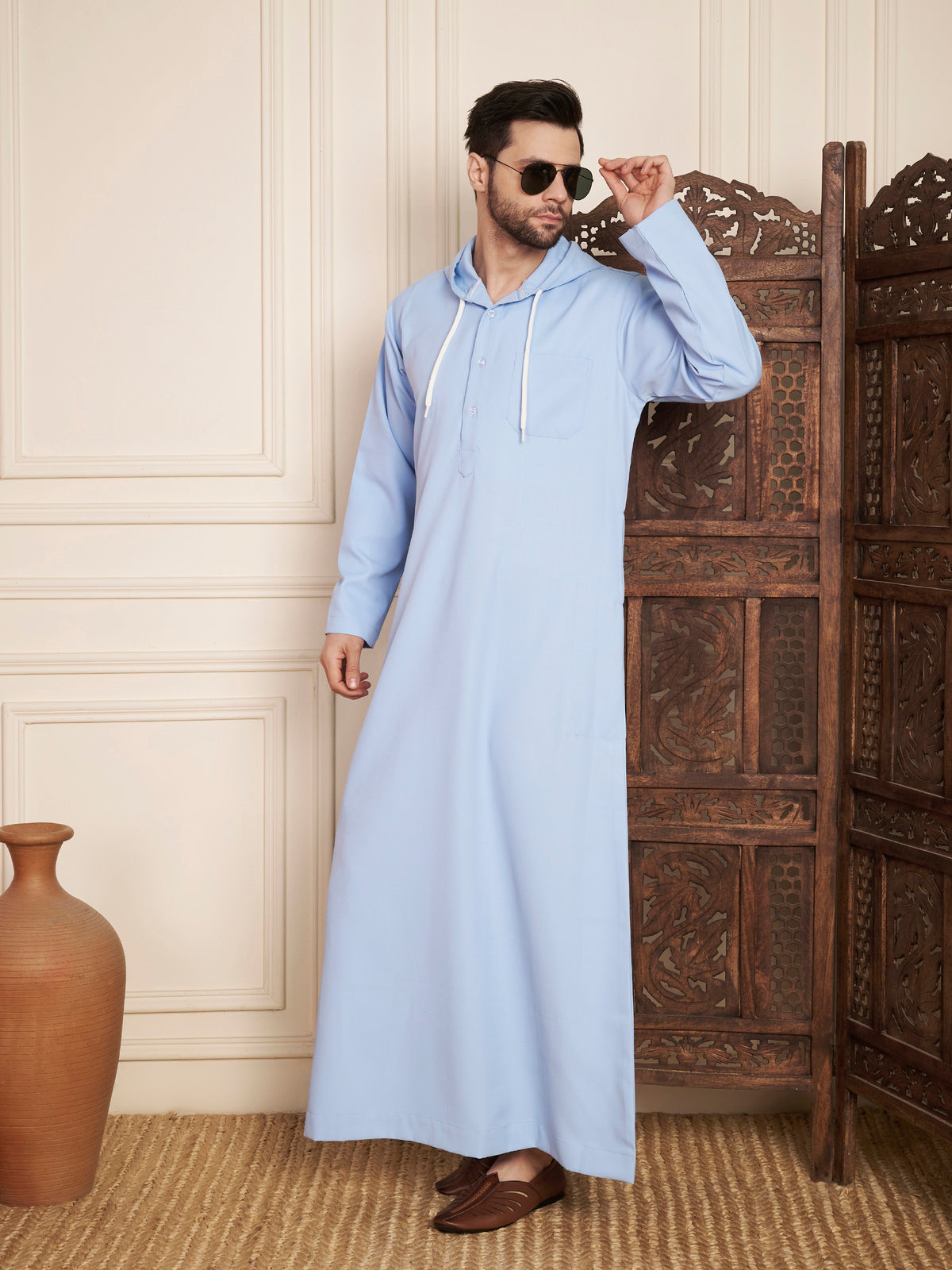 Light Sky Blue Arabic Hooded Thobe for Men