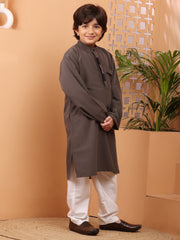 Grey Solid Kids Boy's Kurta with White Pajama Set