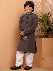 Grey Solid Kids Boy's Kurta with White Pajama Set